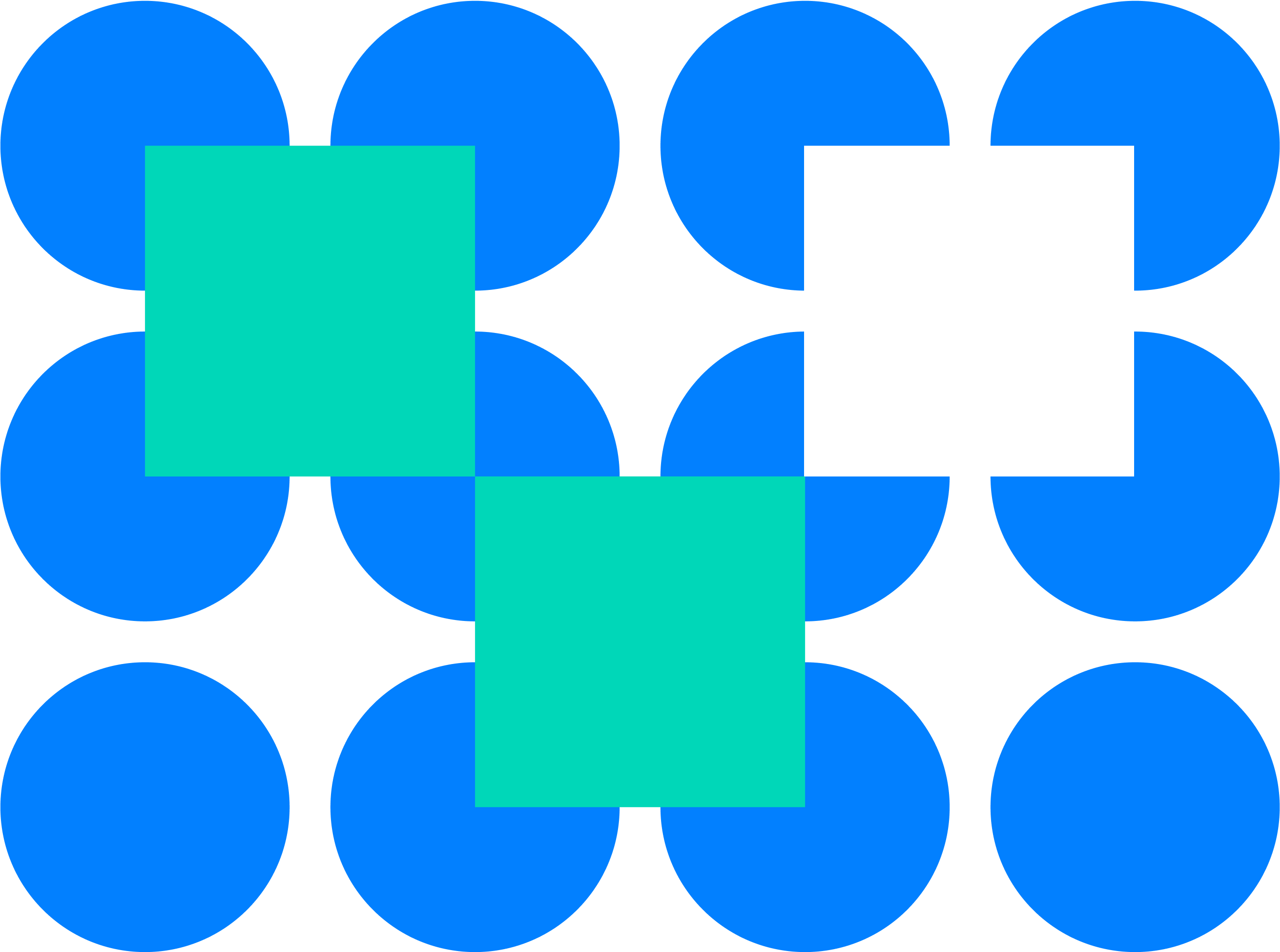Graphic showing green and white squares overlapping a grid of blue circles