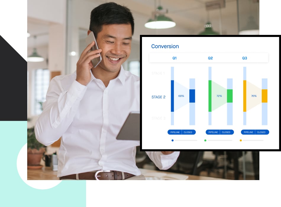 Stylized screenshot of a Clari pipeline conversion report overlapping a photograph of a revenue leader talking on a phone and looking at a tablet