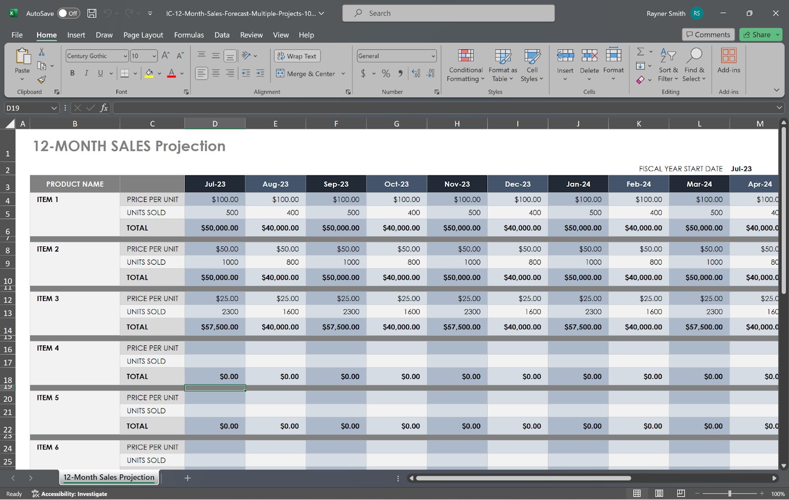 Example of a sales projection in Excel