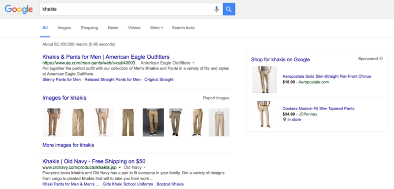 Screenshot of Google search index page for khakis