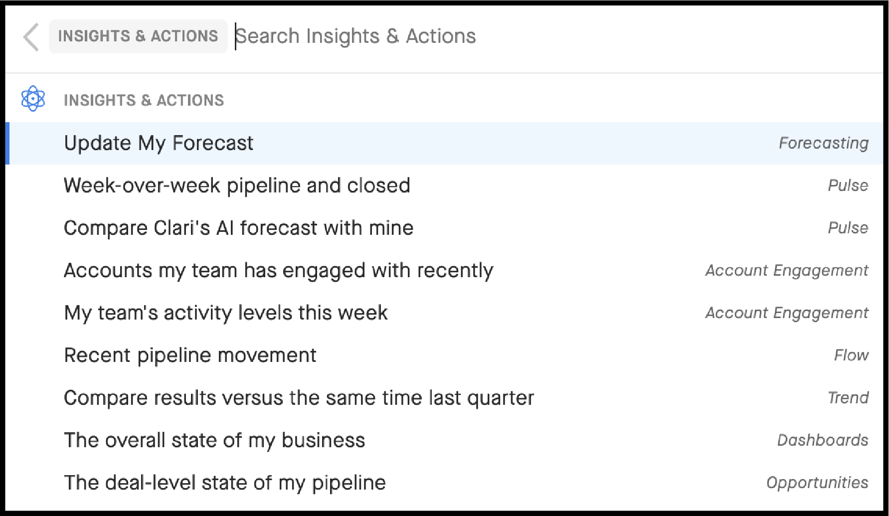 Screenshot of insights and actions in Clari guided search
